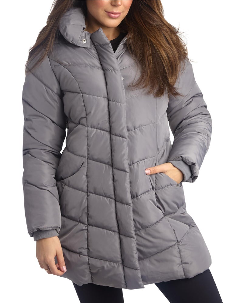 Steve Madden Women's Long Chervron Quilted Outerwear Jacket, Titanium, M - Image 1